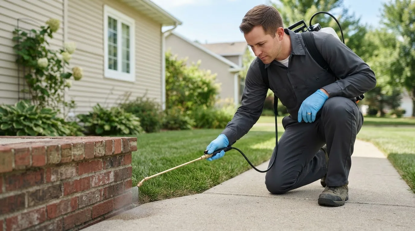 Pest control technician treating a home near Eastport, MI