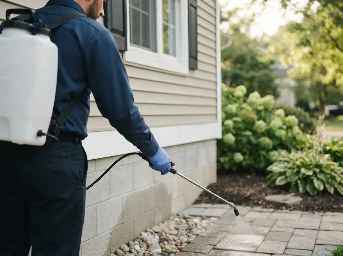 Pest control technician inspecting a home in Eastport, MI